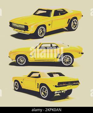 Trittych auto art su uno studio speedway di tre 1969 Vetture Camaro in giallo retrò Foto Stock