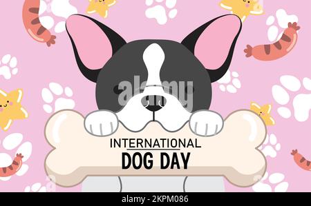 Tenero cane da corrida francese che tiene l'osso. Illustrazione vettoriale del manifesto del banner del giorno internazionale del cane o del giorno mondiale del cane. Illustrazione Vettoriale