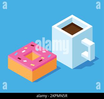 3D tazza di caffè e ciambella stilizzata isometrica. Illustrazione vettoriale dello stile grafico voxel. Illustrazione Vettoriale