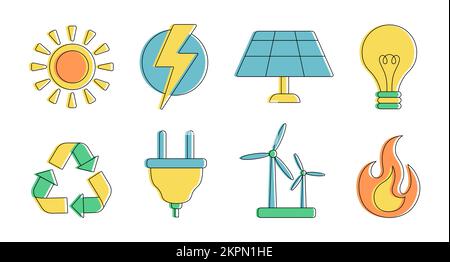 Set di icone delle linee di energia rinnovabile. Simboli verdi di energia alternativa. Illustrazione vettoriale Illustrazione Vettoriale