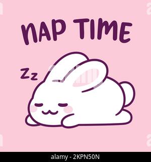 Carino coniglio cartone animato che dorme con testo NAP tempo. Adorabile kawaii coniglietto disegnato a mano doodle. Illustrazione della clip vettoriale isolata. Illustrazione Vettoriale