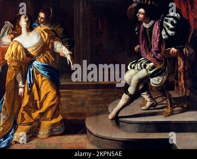 Esther davanti ad Ahasuerus di Artemisia Gentileschi (1593-c. 1656), olio su tela Foto Stock