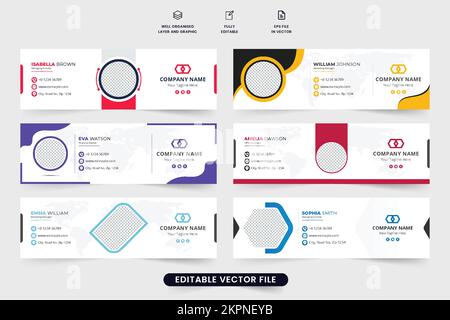 Design professionale per il piè di pagina e la firma del set di modelli con forme astratte. I social media aziendali personali coprono la raccolta di vettori. Firma e-mail Illustrazione Vettoriale