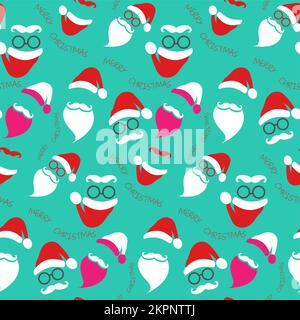 Icone seamless Babbo Natale modello di moda hipster set stile. Cappelli di Babbo Natale, baffi e barba, bicchieri. Buon Natale elementi per le vostre feste Illustrazione Vettoriale