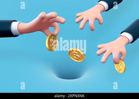 3D mani d'uomo d'affari cartoon gettano monete d'oro Illustrazione Vettoriale