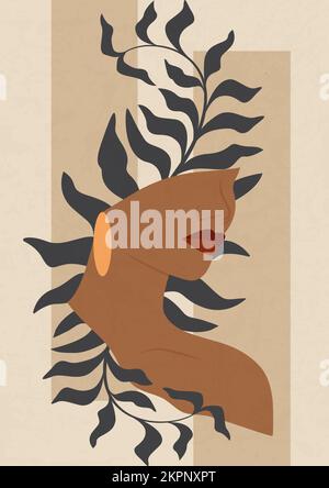 Poster d'arte contemporanea con donna e flora in colori pastello. Illustrazione Vettoriale