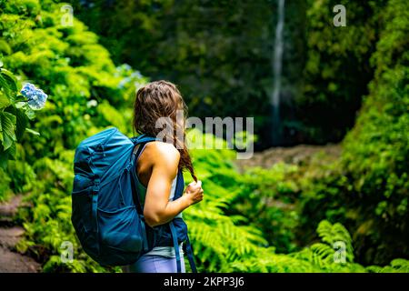 Descrizione: Donna sportiva con zaino si meraviglia in una cascata impressionante nella giungla con bellissimi fiori e felci. Levada, di Caldeirão Verde, Foto Stock