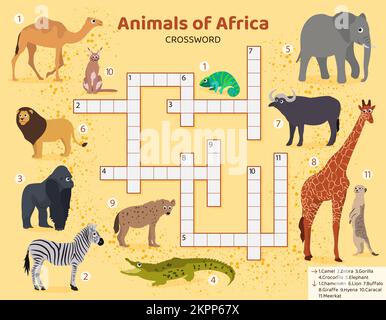 Parola d'incrocio inglese per bambini con animali africani. Illustrazione Vettoriale