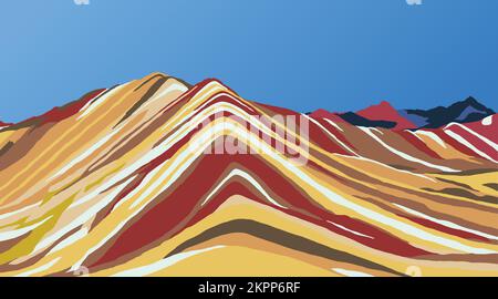 Montagne arcobaleno o Vinicunca Montana de Siete Colores isolato su sfondo cielo blu, regione di Cuzco in Perù, Ande peruviane, vista panoramica vettore i Illustrazione Vettoriale