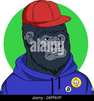 Gorilla Crypto fan in felpa con cappuccio e berretto da baseball. Illustrazione vettoriale Illustrazione Vettoriale