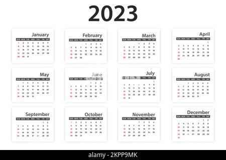 Calendario mensile classico per il 2023. La settimana inizia la domenica. Disegno vettoriale isolato su sfondo bianco Illustrazione Vettoriale