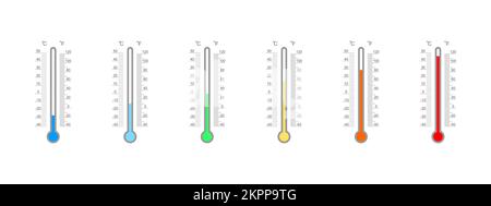 Set di scale termometrici Celsius e Fahrenheit con diversi indici di temperatura. Strumenti di misurazione della temperatura esterna isolati su sfondo bianco. Illustrazione piatta vettoriale Illustrazione Vettoriale