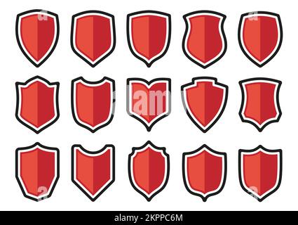 Set di icone piatte rosse scudi. Premio araldico Cavaliere emblema militare d'epoca reale medievale. Segni di sicurezza di diverse forme. Simbolo di sicurezza aziendale. Modello badge polizia. Protezione da virus Illustrazione Vettoriale