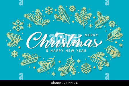 Buon Natale Felice Capodanno biglietto di auguri. Sfondo blu natale con penna a pennello scritta a mano, cornice rami albero di natale, fiocchi di neve d'oro. Per banner, poster, volantini da cartolina Illustrazione Vettoriale