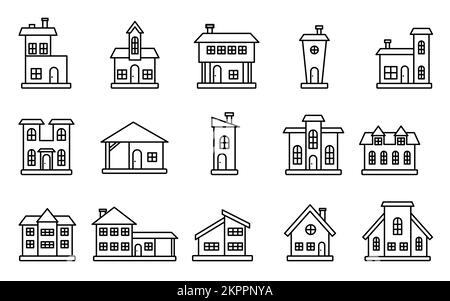 Case vista frontale esterna serie di icone linea nera. Pagina libro da colorare con appartamento residenziale. Facciata di casa con porte e finestre. Varie forme urbano suburbano casa cottage Illustrazione Vettoriale
