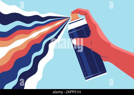 Mano che regge una bomboletta di irrorazione. Processo creativo degli artisti di graffiti. Illustrazione del design piatto astratto. Vettore. Illustrazione Vettoriale
