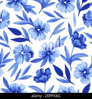 Motivo senza cuciture con fiori e foglie blu in stile acquerello per inviti a nozze, biglietti d'auguri e tessuto Illustrazione Vettoriale
