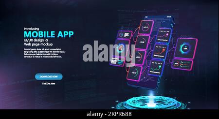 Mockup Mobile App UI, UX, KIT in smartphone 3D Illustrazione Vettoriale