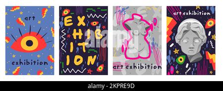Retro futuristic flyers for modern abstract art exhibition. Antique sculpture and statue, eye, surreal shapes and cyberpunk elements. Vector illustration in trendy psychedelic techno style, posters Illustrazione Vettoriale
