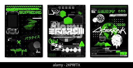 Poster retrò futuristici in stile cyberpunk. Modello in glitch per merchandising Illustrazione Vettoriale