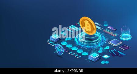 Fattoria per l'estrazione criptovaluta, Bitcoin, etereo Illustrazione Vettoriale