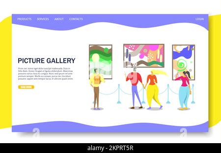 Galleria di immagini modello vettoriale sito web, pagina web e landing page design per lo sviluppo di siti web e mobile. Visitatori del museo d'arte che guardano il moderno Illustrazione Vettoriale