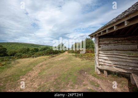 La capanna Jubilee si affaccia su Horner Woods nel Parco Nazionale di Exmoor Foto Stock