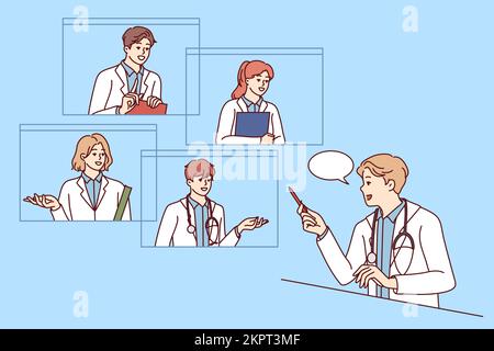 Medico maschio parlare in videochiamata con i colleghi di consulenza. I GP hanno consultazione in linea con i colleghi sulla webcam. Lavoro di squadra. Illustrazione vettoriale. Illustrazione Vettoriale