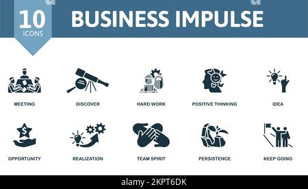 Set di icone Business Impulse. Raccolta di icone monocromatiche Simple Business Impulse. Incontro, scoprire, duro lavoro, pensiero positivo, idea, Opportunità Illustrazione Vettoriale