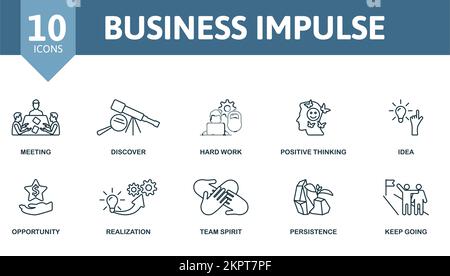 Set di icone Business Impulse. Raccolta di icone monocromatiche Simple Business Impulse. Incontro, scoprire, duro lavoro, pensiero positivo, idea, Opportunità Illustrazione Vettoriale