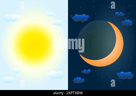 Cielo diurno e notturno con luna e sole. Sole e lunare come giorno di equinozio vernale o autunnale. Stagioni della terra. Previsioni del tempo. Illustrazione vettoriale Illustrazione Vettoriale