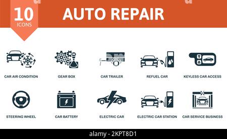 Set di icone Auto Repair (Riparazione automatica). Raccolta di icone monocromatiche Simple Auto Repair (Riparazione automatica semplice). Aria condizionata, scatola del cambio, rimorchio, rifornimento, accesso senza chiave, Volante Illustrazione Vettoriale