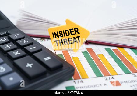 Concetto aziendale. Sui grafici di affari ci è un blocco note, una penna ed un adesivo della freccia con l'iscrizione - minaccia dell'insider Foto Stock