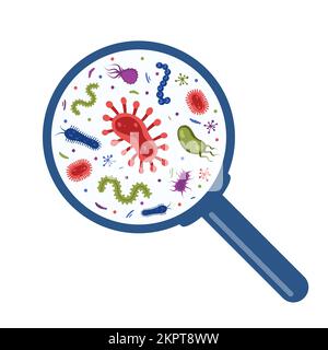 Diversi batteri, microrganismi patogeni sotto una lente d'ingrandimento. Batteri e germi, microrganismi che causano malattie, batteri, batteri, virus Illustrazione Vettoriale