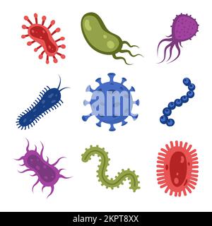 Batteri diversi, microrganismi patogeni, set. Batteri e germi, microrganismi malattia-causando, batteri, batteri, virus, funghi protozoi pr Illustrazione Vettoriale