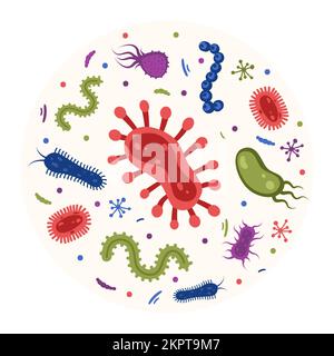 Batteri diversi, microrganismi patogeni in un cerchio. Batteri e germi, microrganismi malattia-causando, batteri, batteri, virus, funghi, pro Illustrazione Vettoriale