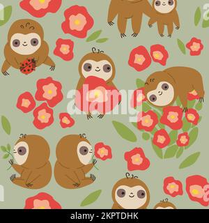 Piccolo divertente motivo sloth senza cuciture. Animali carini con fiori. Illustrazione Vettoriale