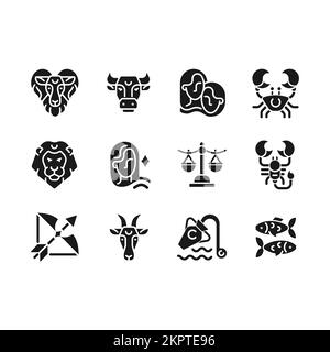 Segni astrologici glifi nero icone impostate su spazio bianco Illustrazione Vettoriale