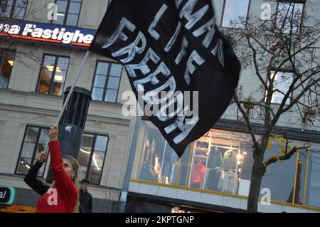 Stoccolma, Svezia - 11 novembre 2022 - protesta dell'Iran - una donna che rinuncia alla bandiera "Donna, vita, libertà" al torg di Sergels. (Foto di Markku Rainer Peltonen) Foto Stock