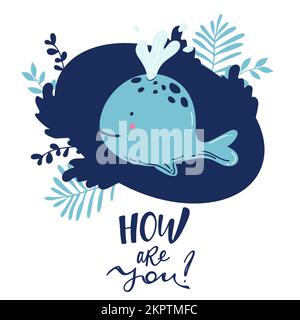 cute whale stampa testo scritto a mano, tipografia scritta, calligrafia. Simpatico personaggio sorridente per icona, scheda, cartoni animati disegnati a mano per bambini, Illustrazione Vettoriale