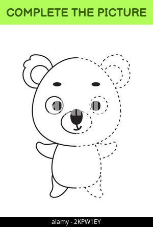 Foto disegnata completa di carino koala. Libro da colorare. Gioco DOT Copy. Pratica di scrittura a mano, formazione di abilità di disegno. Formazione sviluppo di lavori stampabili Illustrazione Vettoriale