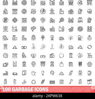 100 icone spazzatura impostate. Illustrazione di 100 set vettoriale di icone spazzatura isolato su sfondo bianco Illustrazione Vettoriale