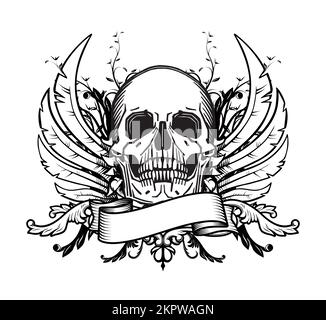 cranio con ali, fiori e disegno vettoriale del tatuaggio a nastro isolato su sfondo bianco Illustrazione Vettoriale
