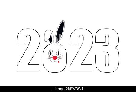 Biglietto di auguri di nuovo anno con 2023. Capodanno cinese. Oroscopo segno coniglio. Illustrazione Vettoriale