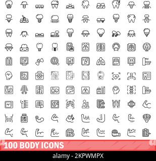 100 set di icone corpo. Illustrazione del contorno del set di 100 icone del corpo isolate su sfondo bianco Illustrazione Vettoriale