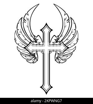 Bella croce cristiana con angelo allungato ali vettore crocifisso isolato su sfondo bianco Illustrazione Vettoriale