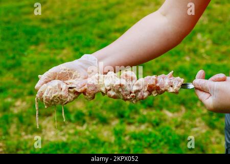 Spiedini di maiale crudo in marinata con gustoso kebab alla griglia Foto Stock