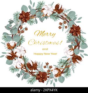 Corona di Natale fatta di viti, con fiori di cotone, eucalipto, rami di abete e coni, thuja. Illustrazione Vettoriale