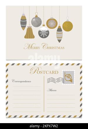 Cartolina di saluto di Natale con palle di vetro Illustrazione. Modello vettoriale in elegante stile piatto Illustrazione Vettoriale