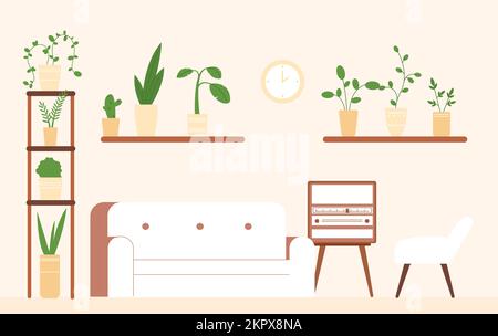 Soggiorno interno retrò appartamento. Divano, sedia e radio vintage. Giardino di casa con diverse piante in pentole. Appartamento moderno ed elegante, design vettoriale Illustrazione Vettoriale